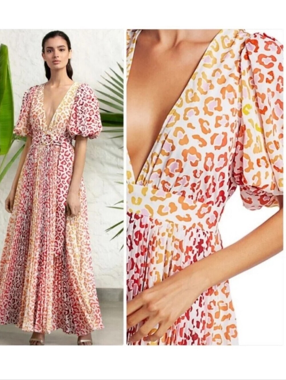 Rococo‎ Sand Avana Pleated Plunge V-Neck Maxi Dress Pink Orange Yellow Leopard